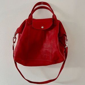 Red Ruby Le Pliage Cuir Medium Leather Crossbody Satchel Bag